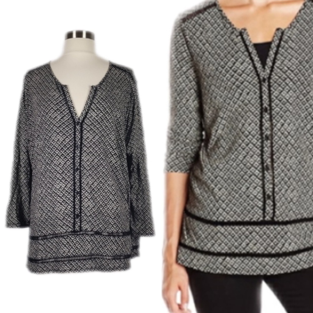 Lucky Brand Boho Blanket Diamond Linen Blend 3/4 Sleeve Peasant Blouse XL